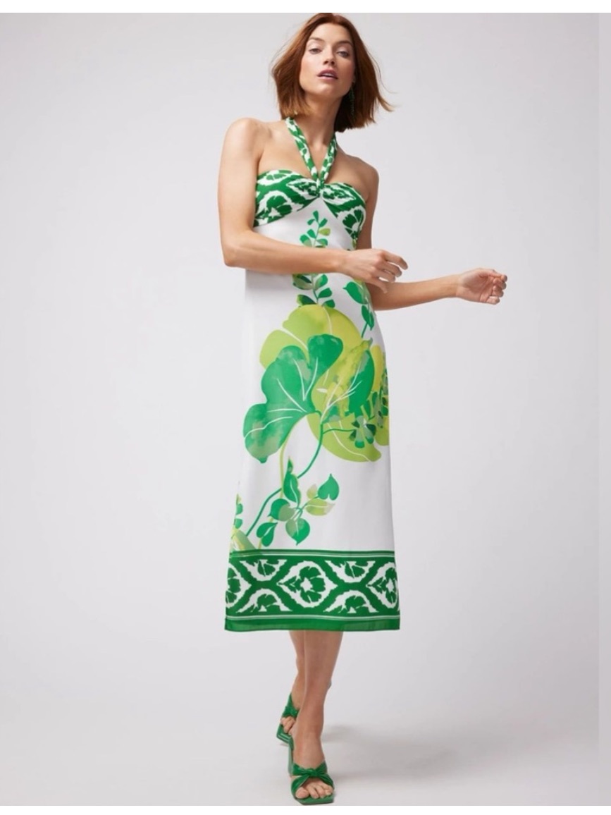 White House Black Market Tie Neck Halter Midi Dress Green Botanical Print Sz 14